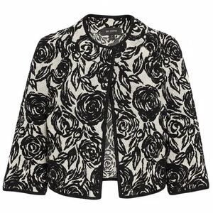 💕 ST.JOHN rose floral knit crop cardigan size 4, black grey silver evening luxe